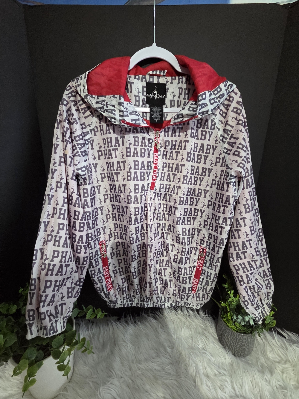 VTG Baby Phat Logo White/black/ Red Pullover Hoodie Windbreaker Jacket, Size L